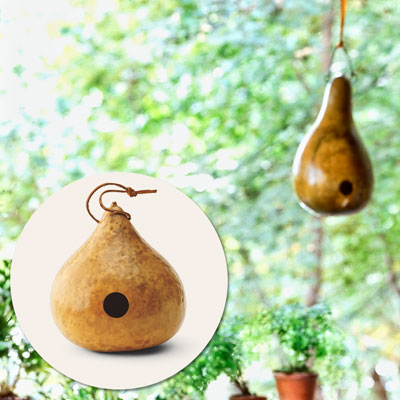 a porch with inset of gourd birdhouse