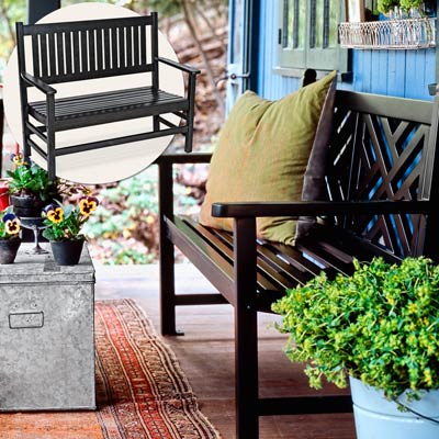 a porch with inset of a painted bench