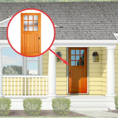 Photoshop rendering of a ranch exterior remodel with inset of front door