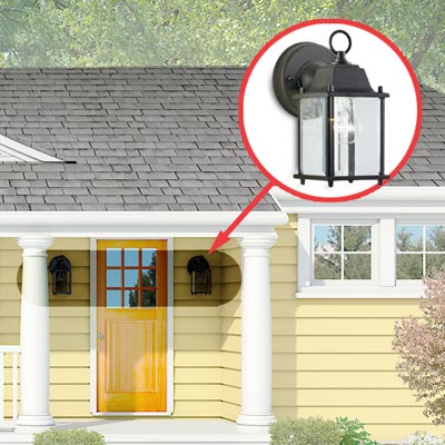 Photoshop rendering of a ranch exterior remodel with inset of sconces