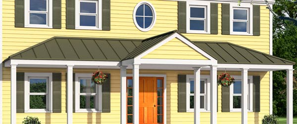 Photoshop remodel of a two-story, Neo-Colonial house zooming in on the gable