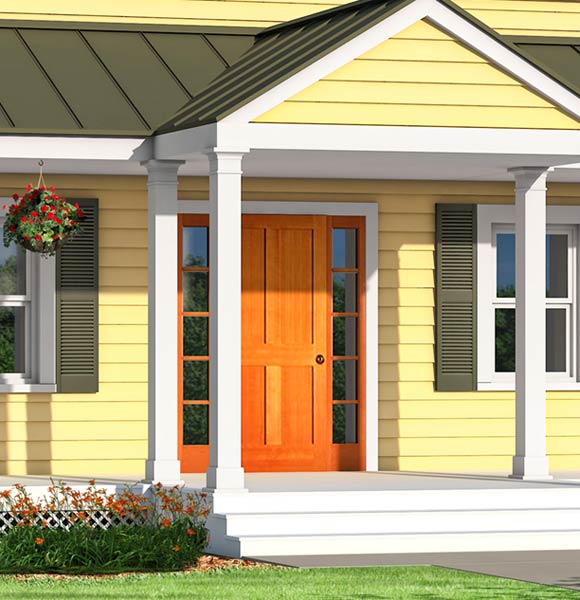 Photoshop remodel of a two-story, Neo-Colonial house zooming in on the front door