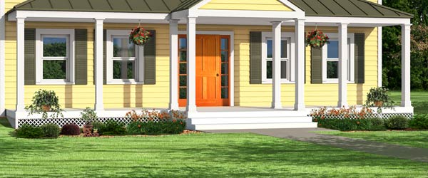 Photoshop remodel of a two-story, Neo-Colonial house zooming in on the porch