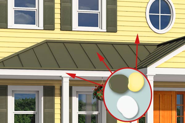 Photoshop remodel of a two-story, Neo-Colonial house with inset of paint dabs