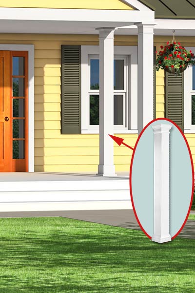 Photoshop remodel of a two-story, Neo-Colonial house with inset of porch post