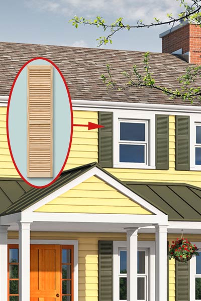 Photoshop remodel of a two-story, Neo-Colonial house with inset of a shutter