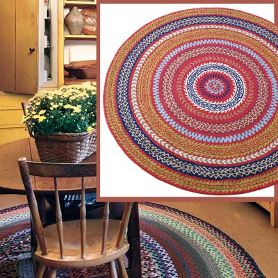 a Shaker-style kitchen with inset detail of a colorful hooked rug
