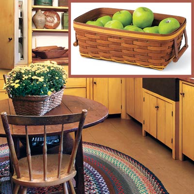 a Shaker-style kitchen with inset detail of a woven basket