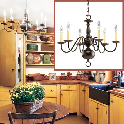 a Shaker-style kitchen with inset detail of a chandelier