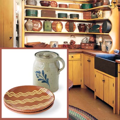 a Shaker-style kitchen with inset detail of rustic pottery