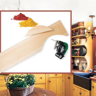 a Shaker-style kitchen with inset detail of scalloped shelving side with jigsaw and milk paint pigments