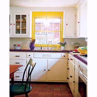 kitchen with yellow window and violet countertops