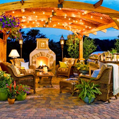 an extremely well-lit outdoor kitchen