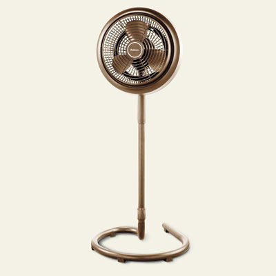 a standing fan with misters for an outdoor kitchen area