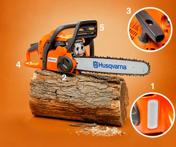 chainsaw on log with close ups of details