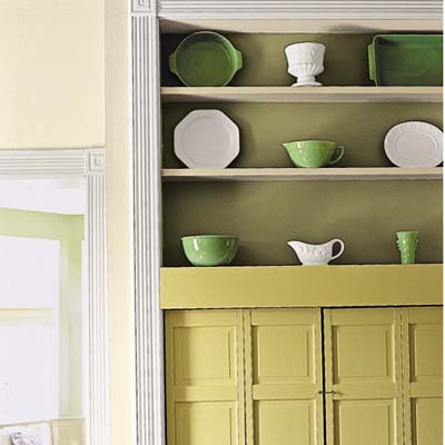 a built-in has shelves up top to display serving pieces