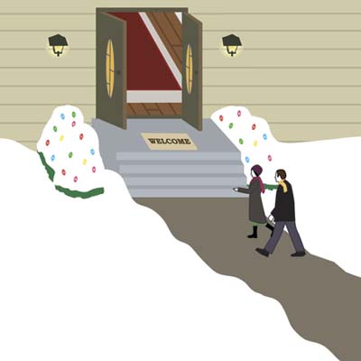 illustration closeup of couple entering set of double front entry doors