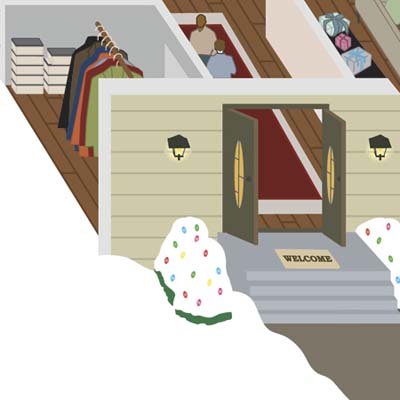 closup illustration of entryway and front hallway with guests arriving and coatrack