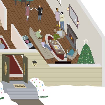 closeup illustration of lving room area with guests seated and standing