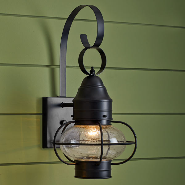 onion-style porch lanterns of steel with dark bronze finish and seeded glass