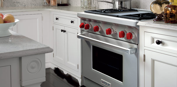 pro style range with red knobs