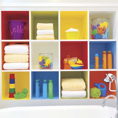 kid's bathroom cubbies for bath toys, towels, soaps and shampoos