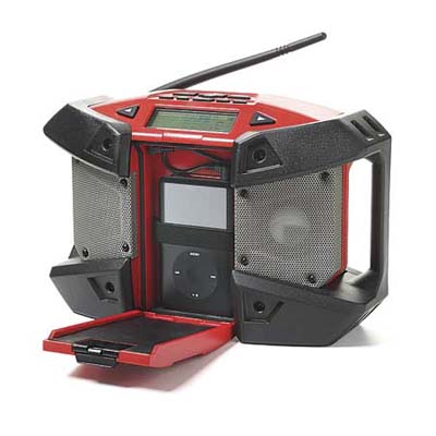 a portable radio with compartment for an mp3 player made especially sturdy for a jobsite