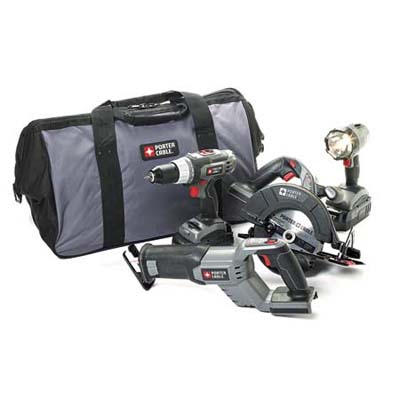 a starter kit of power tools, includes driver, circular saw, flashlight and reciprocating saw