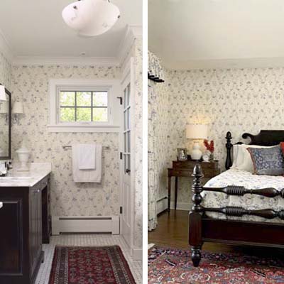 color used to tie together master bedroom and bath in this remodeled shingle-style cottage