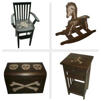 pirate chair, pirate side table with shelves and drawer, pirate rocking chair, and skull-and-bones rocking horse