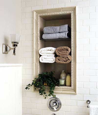 Storage niche in vintage-style bathroom