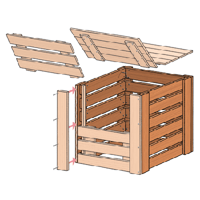 exploded view illustration of compost bin assembly with emphasis on the back and sides