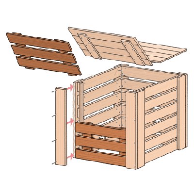 exploded view illustration of compost bin assembly with emphasis on the slide-in panels