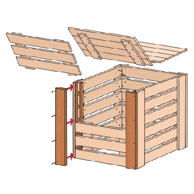 exploded view illustration of compost bin assembly with emphasis on the parts that get glued and/or screwed