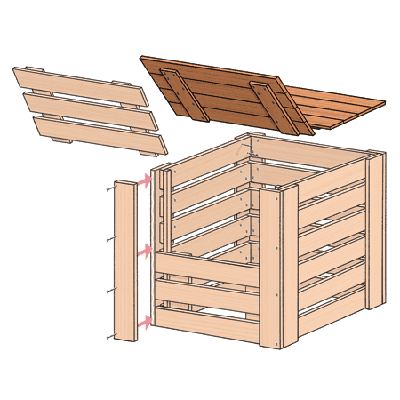 exploded view illustration of compost bin assembly with emphasis on the two halves of the lid