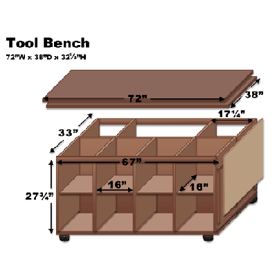 an exploded view illustration of a tool bench