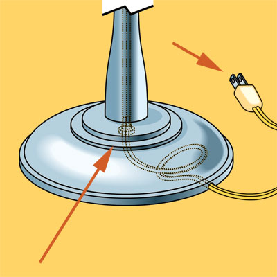 reattaching the base and connecting the plug to rewire a lamp