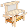 an illustration focusing on the bottom shelf as well as cleats and framing for a potting bench