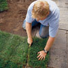 cutting the edge of sod with a knife along a paved walkway