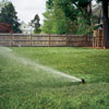 a sprinkler system waters a lawn