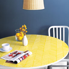 a finished table with a herringbone pattern combed onto it in yellow