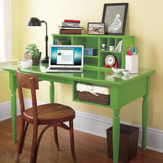 a finished desk with a storage hutch