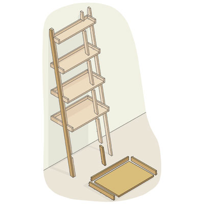 exploded view of a ladder bookshelf with parts highlighted