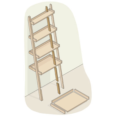 exploded view of a ladder bookshelf with cleats highlighted