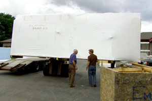 Kevin O'Connor at Bensonwood for the loading of prefabricated walls for the Weston house project
