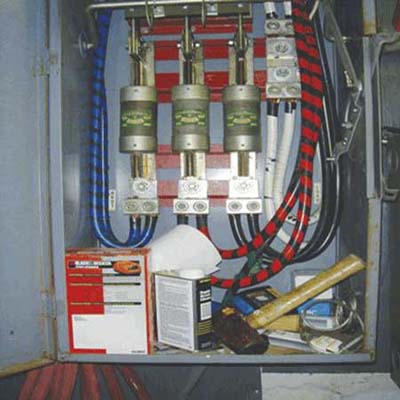 nails, hammer and solvents in the electric box