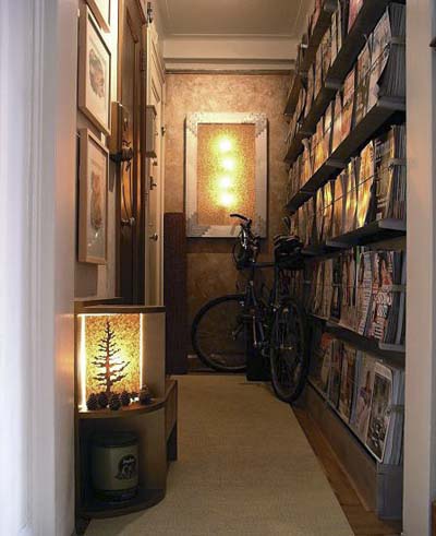 magazine rack in hallway of studio apartment