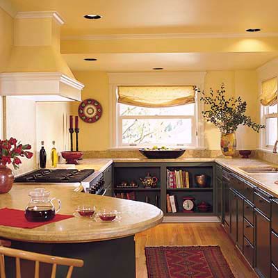 yellow kitchen with recessed lighting fixtures